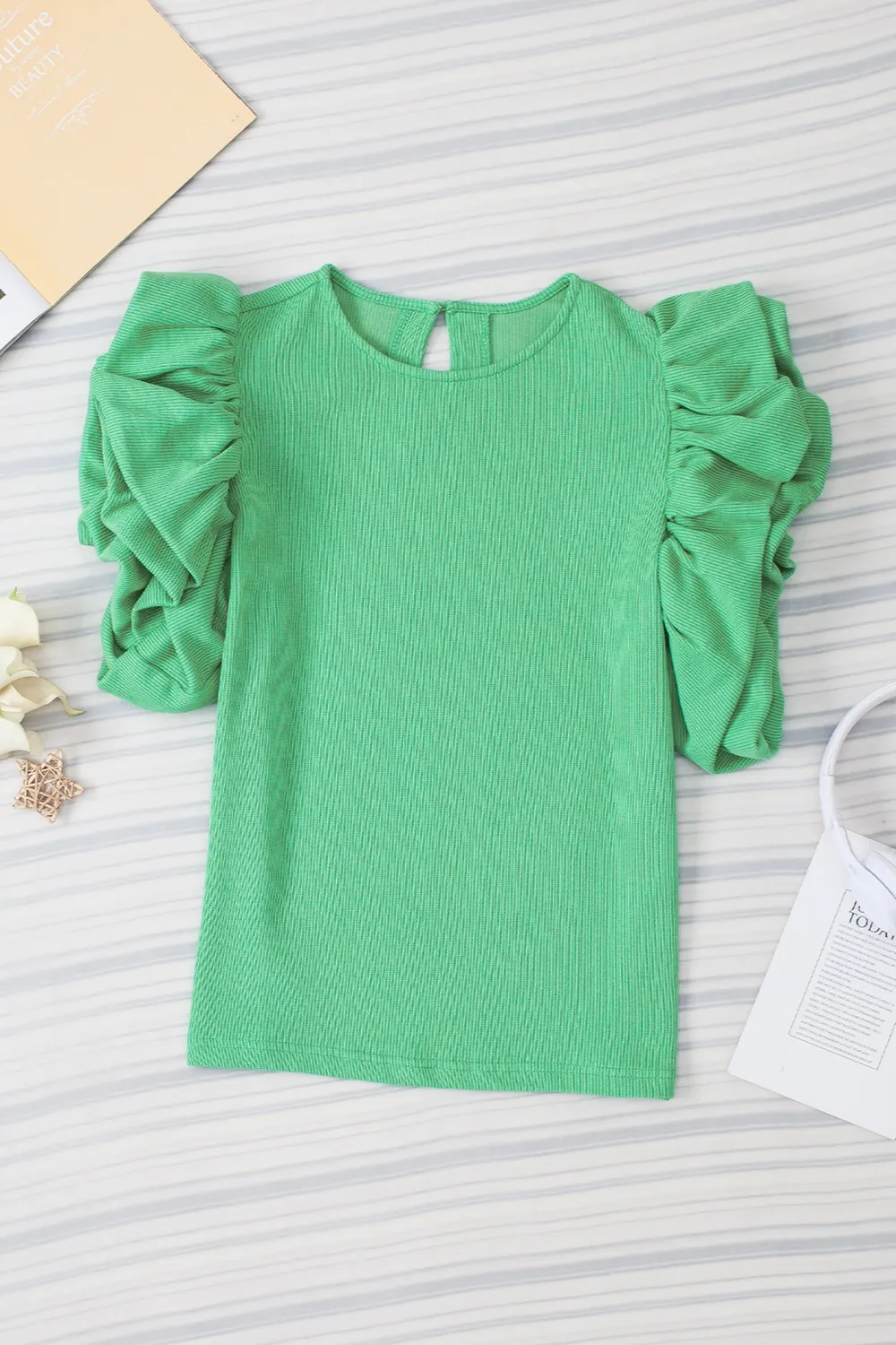 Ruched Round Neck Short Sleeve Blouse, image 4