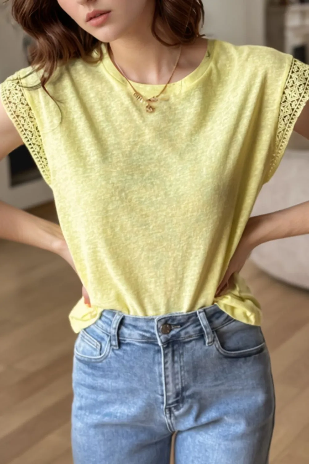 Lace Patchwork Cap Sleeve Round Neck T Shirt, image 15