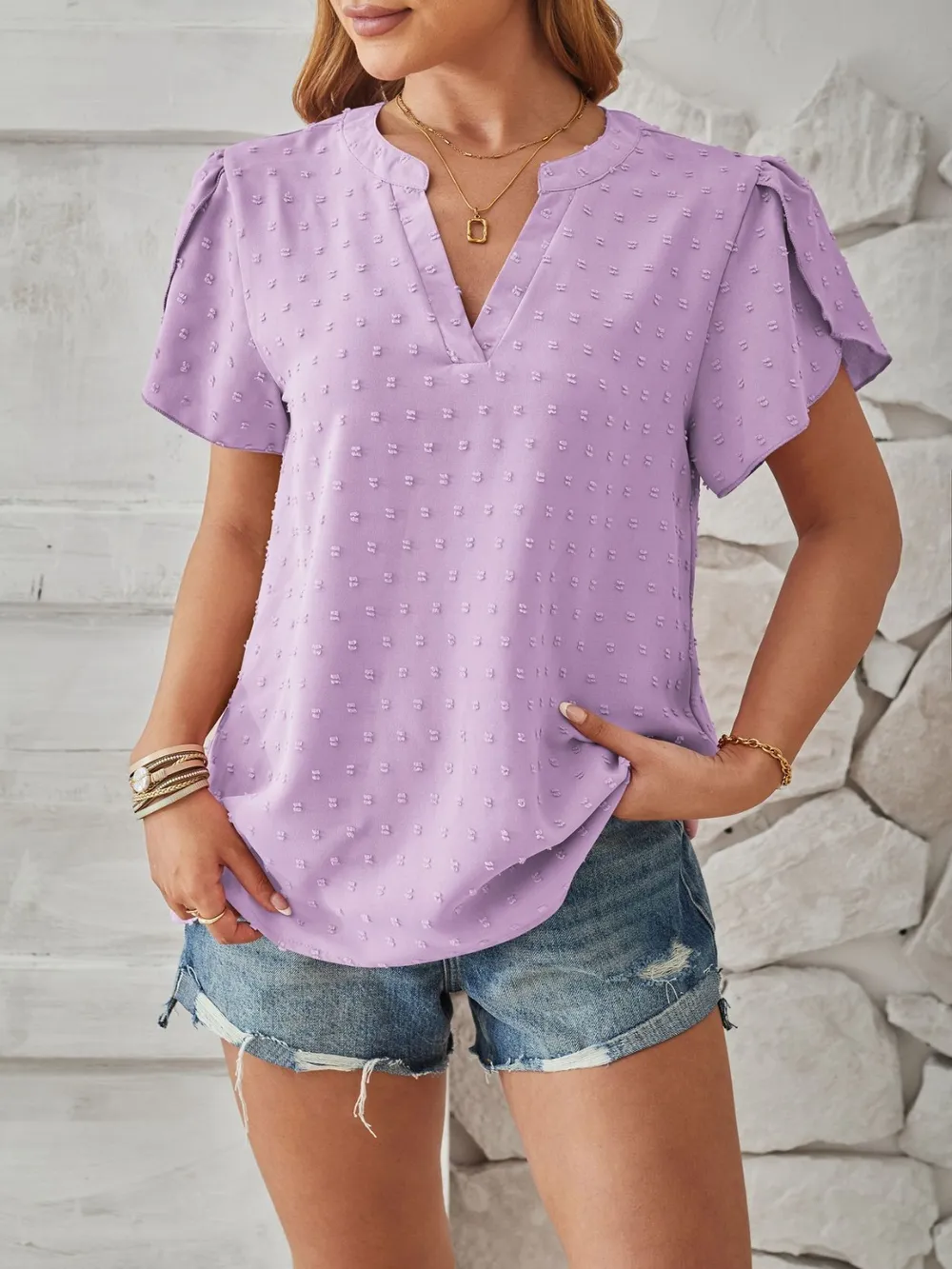 Swiss Dot Notched Petal Sleeve T-Shirt, image 7