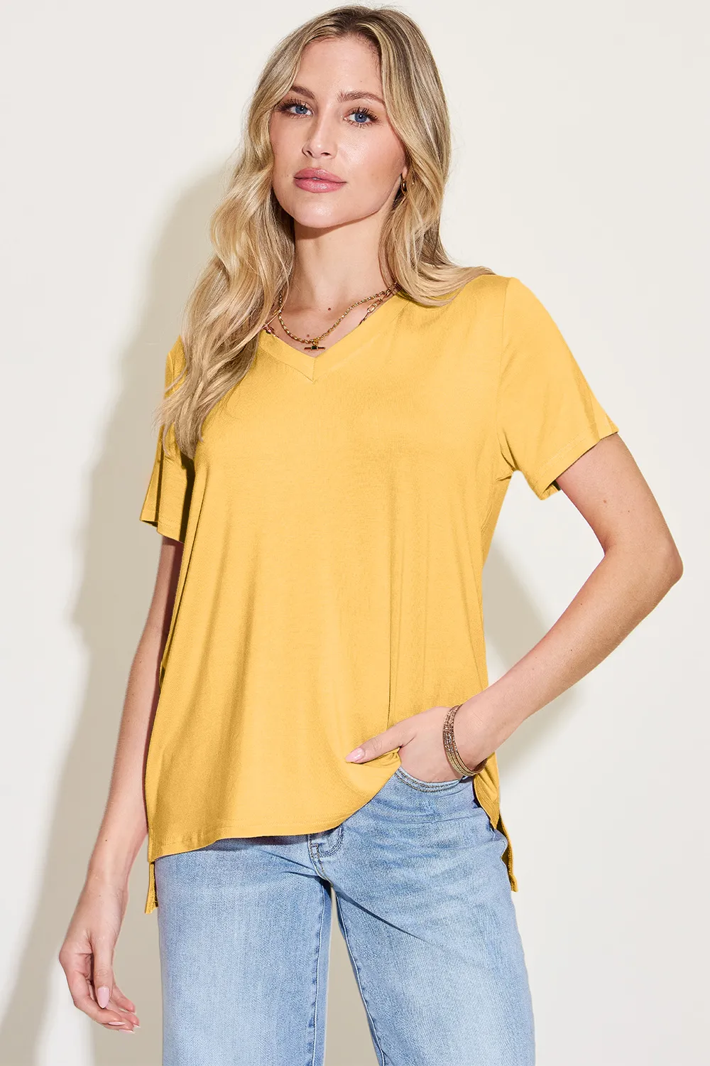 Bamboo Full Size V-Neck High-Low T-Shirt, image 23