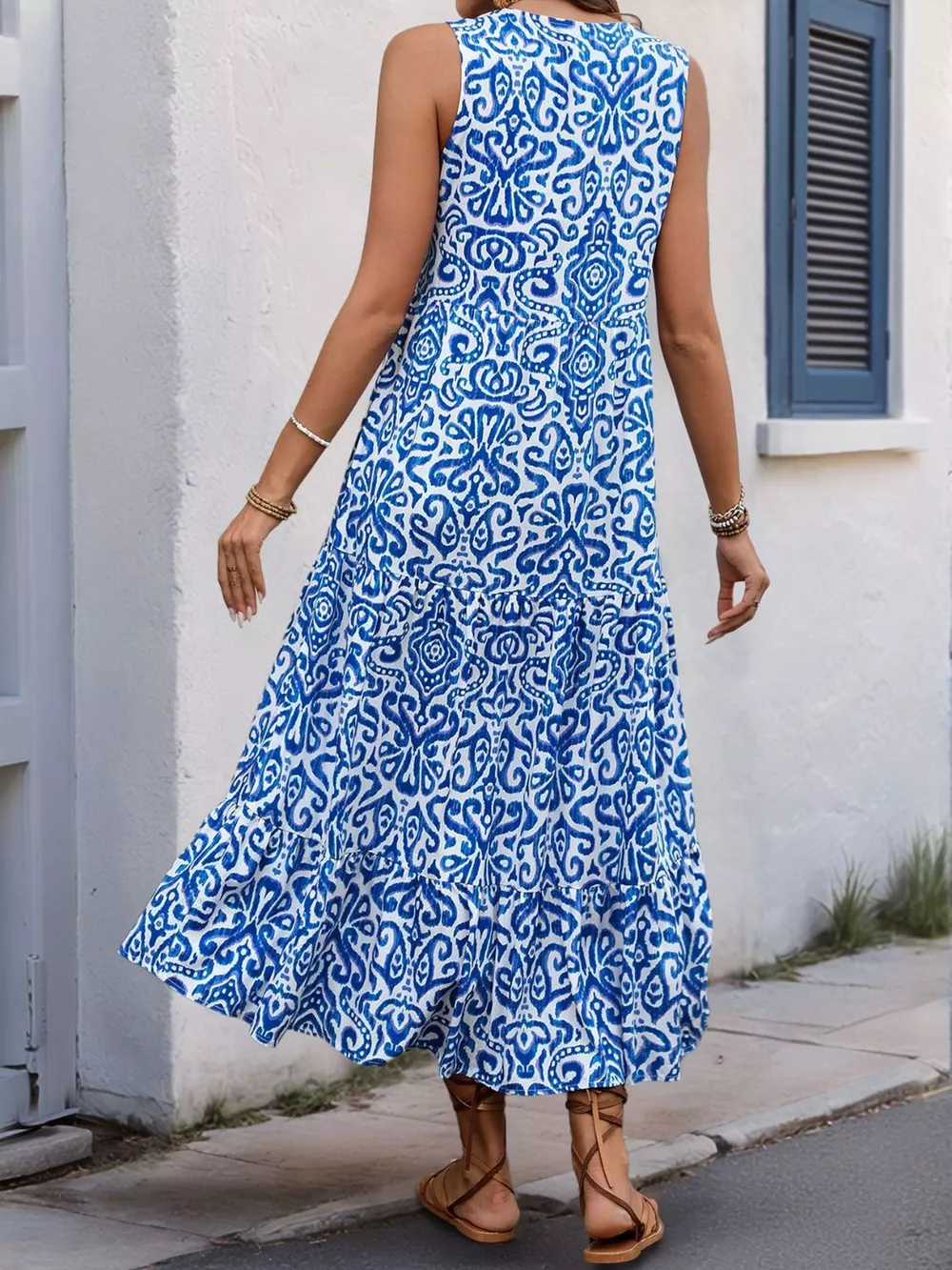 Decorative Button Printed Notched Sleeveless Midi Dress, image 5