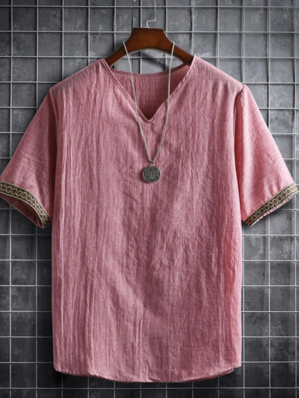 Men's Plus Size Texture Short Sleeve Top with Ethnic Trim, image 15