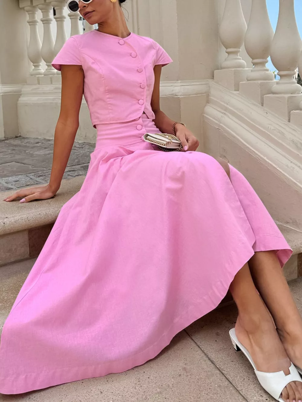 Cap Sleeve Button-Down Crop Top and Midi Skirt Set, image 8