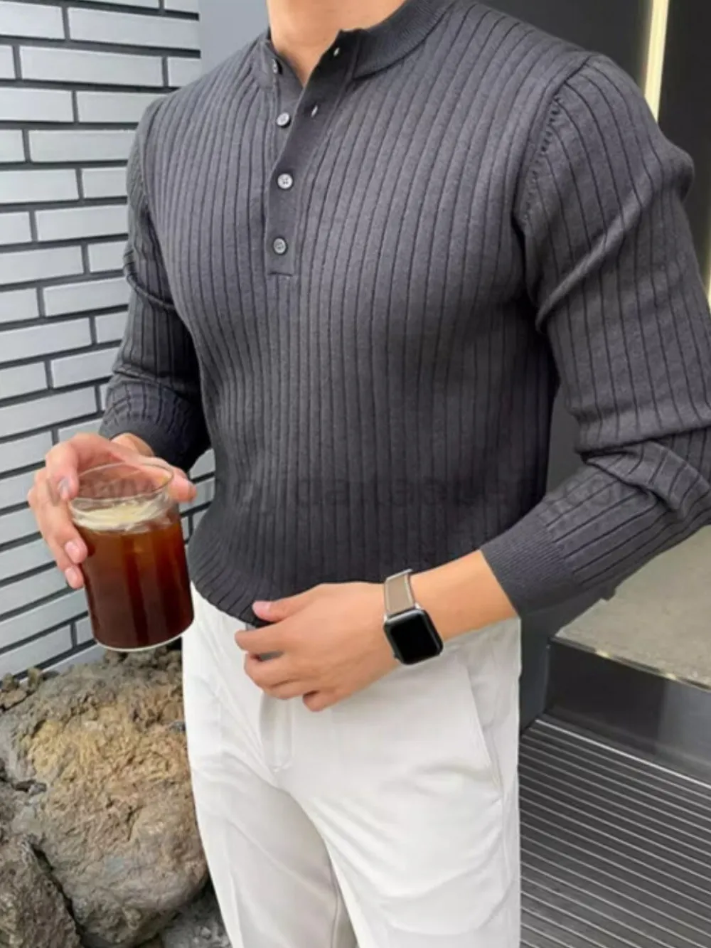Button Detail Ribbed Long Sleeve Men's Knit Top, image 4