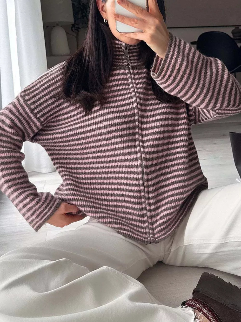 Striped Zip-Up Knit Cardigan, image 6