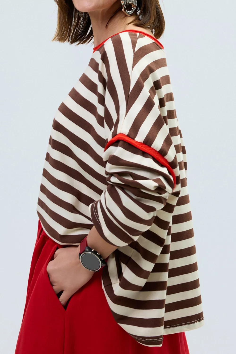 Striped Long-Sleeve Top with Contrast Trim, image 4