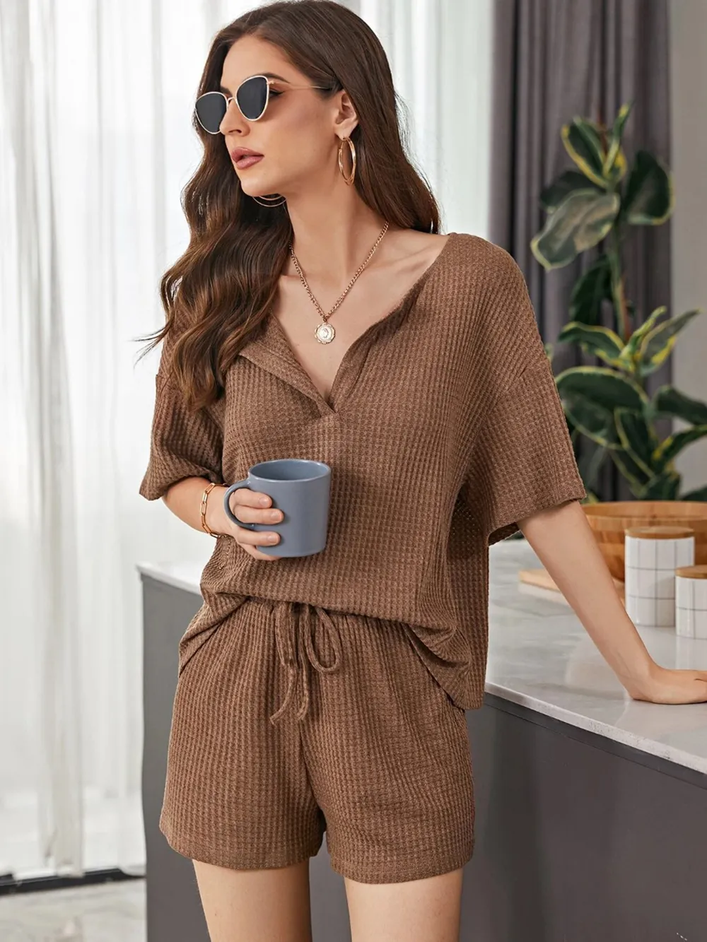 Full Size Waffle-Knit Dropped Shoulder Top and Shorts Set, image 10