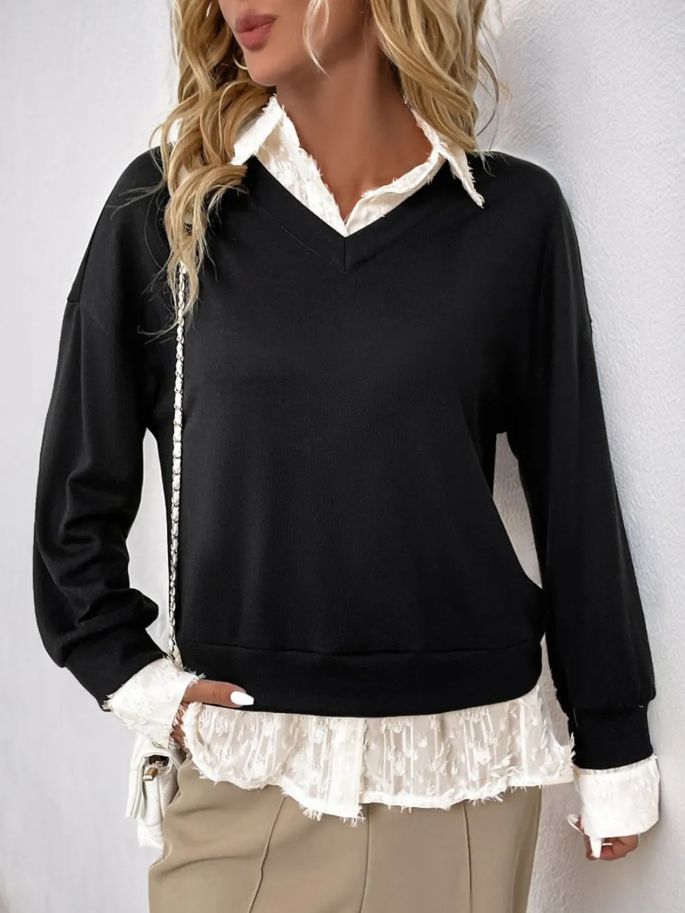 Faux Layered Contrast Long Sleeve Sweatshirt, image 6