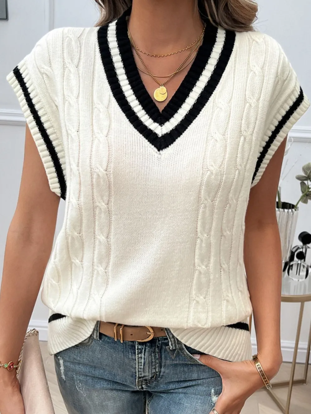 Cable-Knit V-Neck Sweater Vest, image 2
