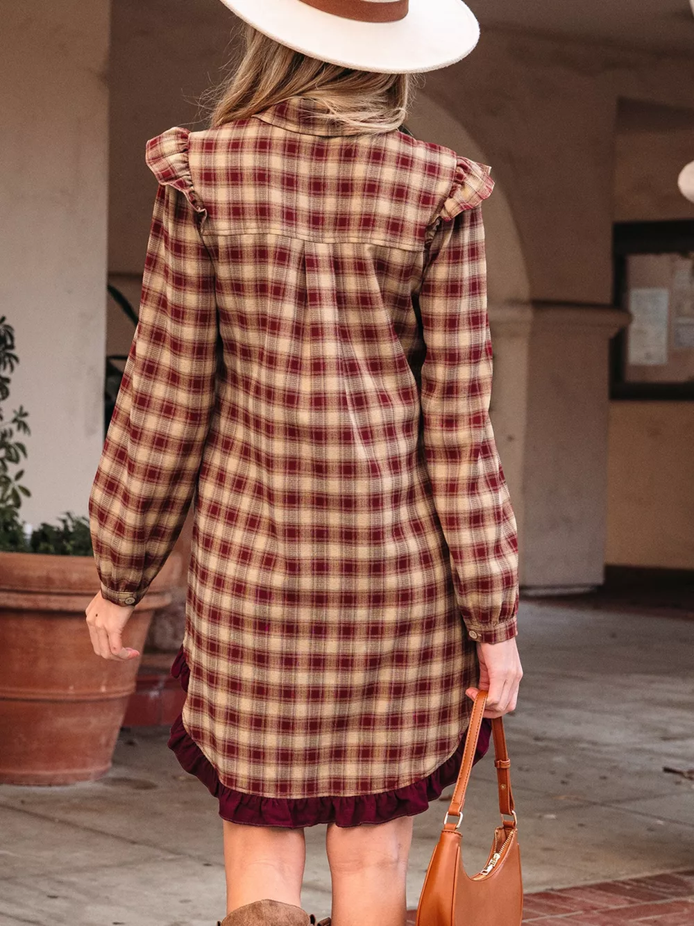 Plaid Print Ruffled Long Sleeve Patchwork Hem Mini Shirt Dress, image 4