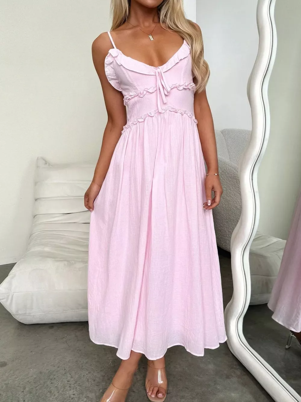 Ruffled Trimmed Spaghetti Strap Midi Dress, image 2