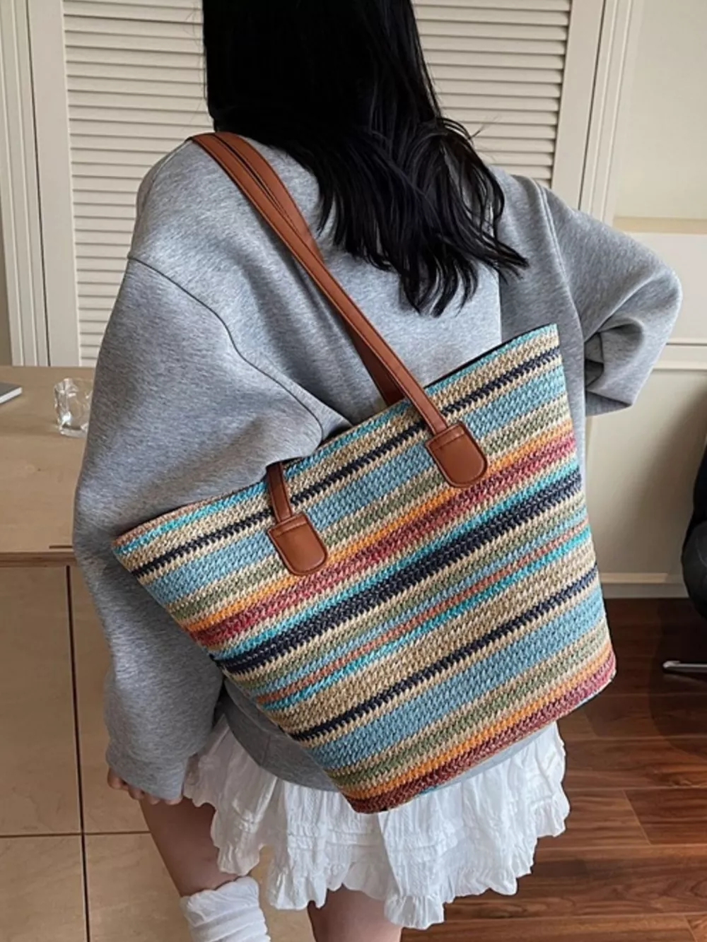 Striped Woven Shoulder Bag, image 8