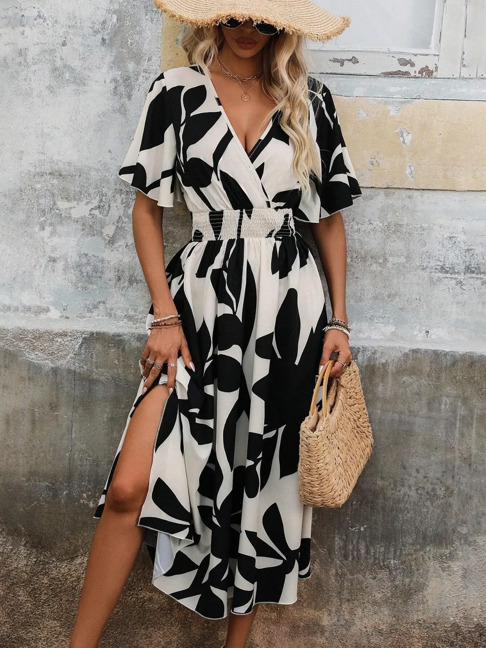 Printed Surplice Short Sleeve Midi Dress, image 5