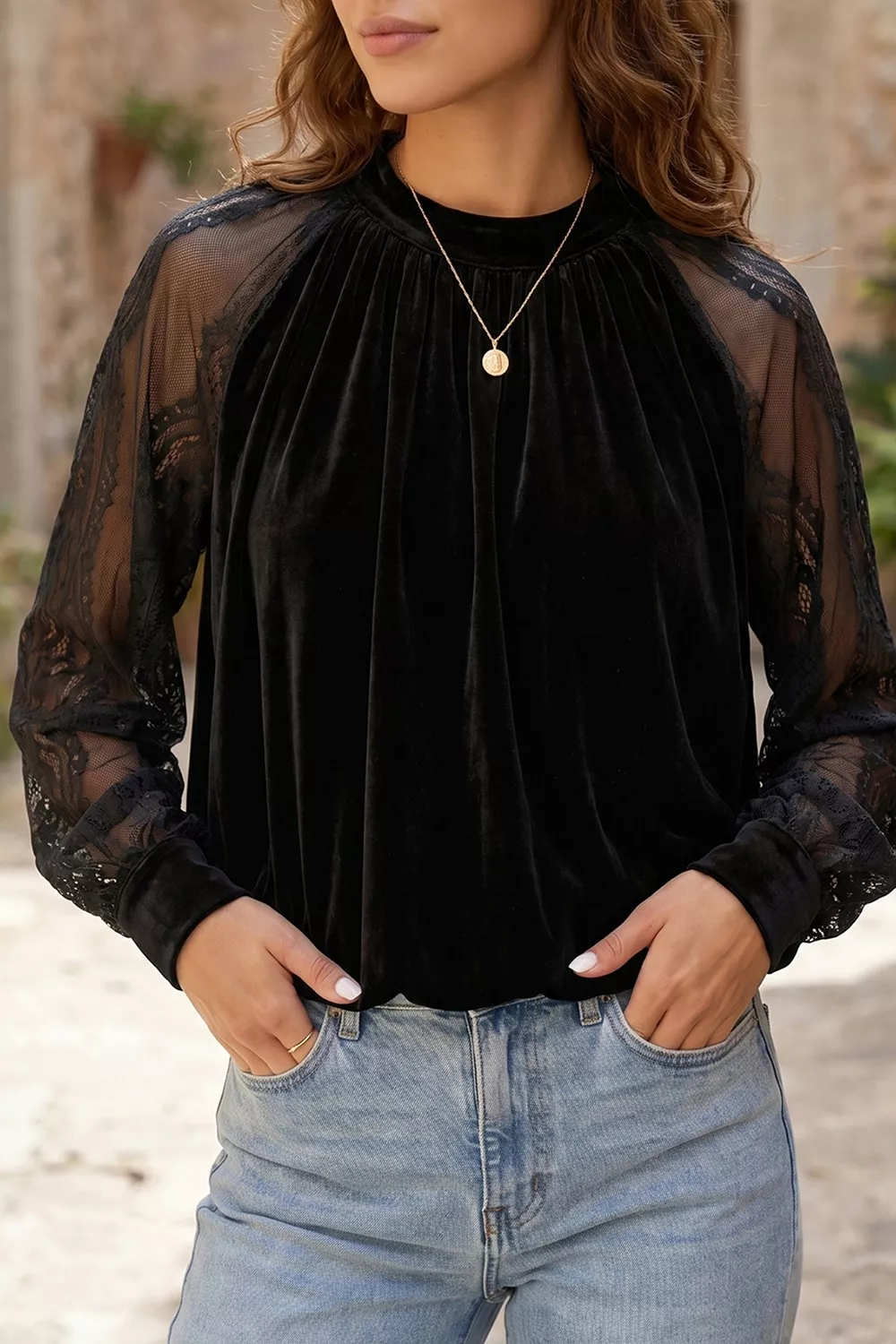 Solid Color Sheer Lace Long Sleeve Patchwork Stand Neck Velvet Blouse, image 4