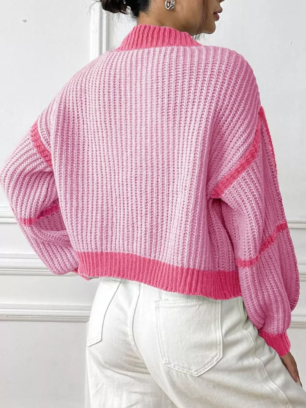 Color-Block Ribbed Knit Open-Front Cropped Cardigan, image 2