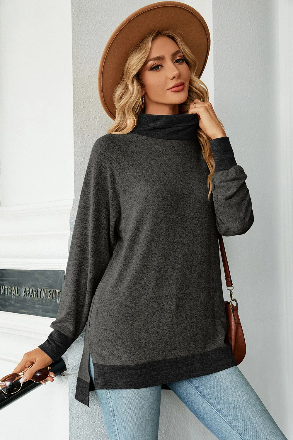 Slit Mock Neck Long Sleeve T-Shirt, image 10