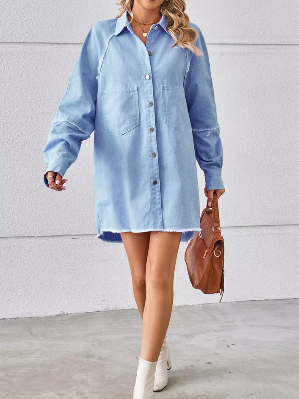 Button-Down Raw Hem Denim Dress, image 12