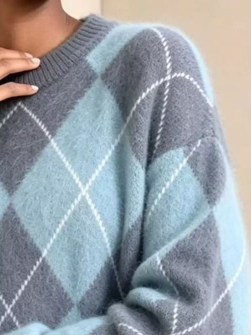 Argyle Pattern Fuzzy Knit Sweater, image 15