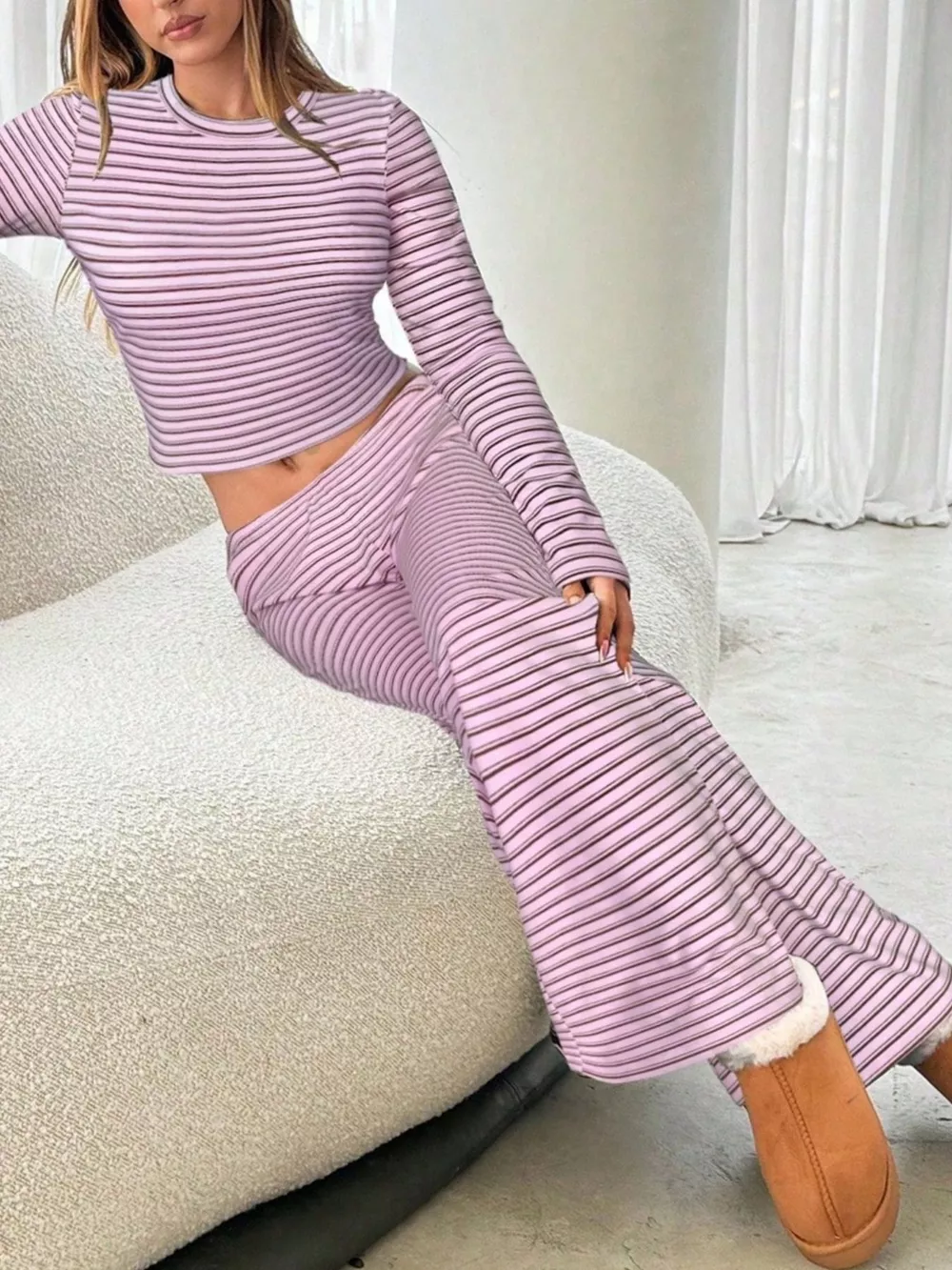Striped Long Sleeve Crop Top and Wide Leg Pants Two-Piece Set, image 9