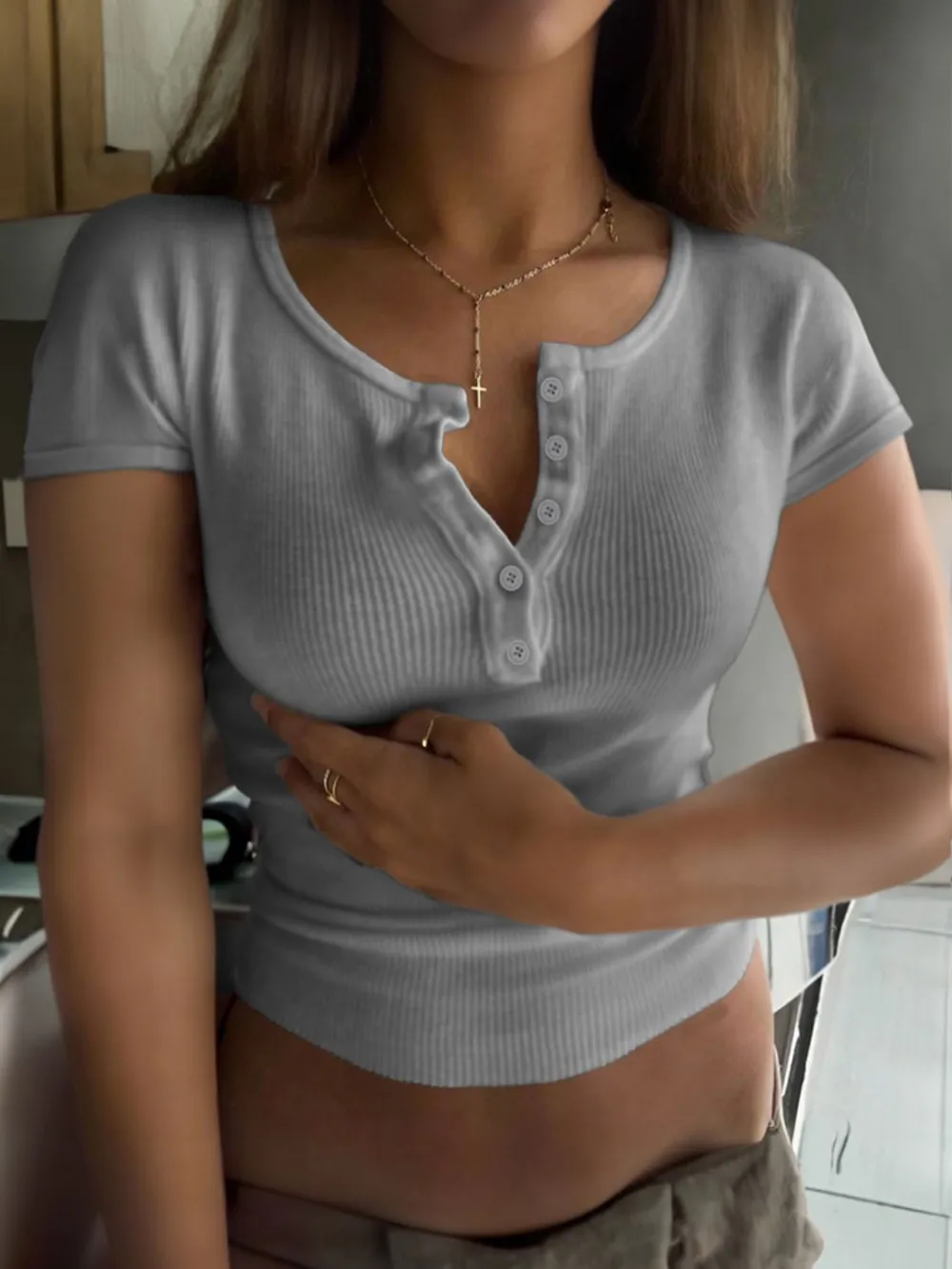 Ribbed Button Detail Round Neck Short Sleeve T-Shirt, image 2