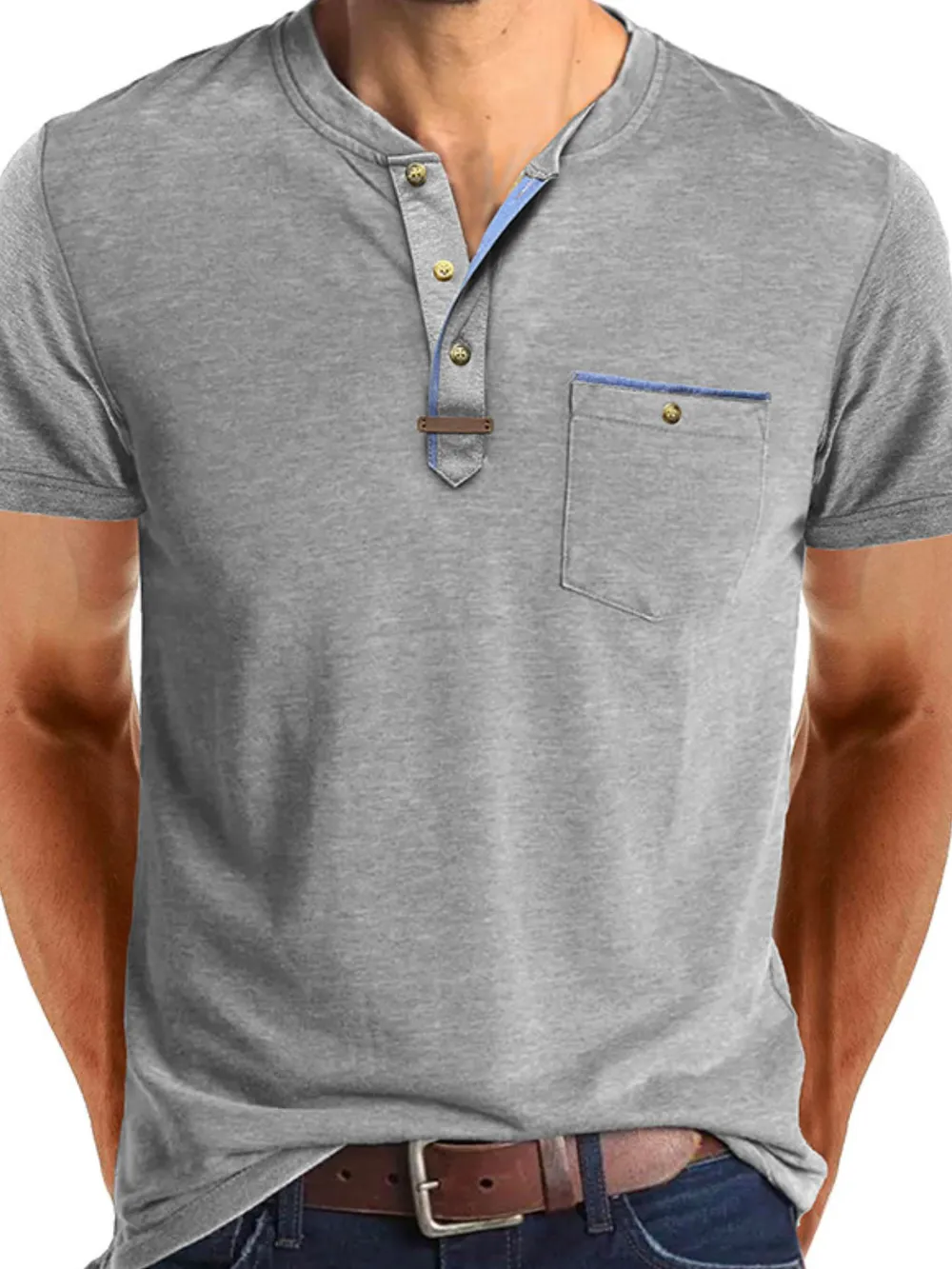 Men's Full Size Short Sleeve Henley Polo with Contrast Trim Plus Size, image 12