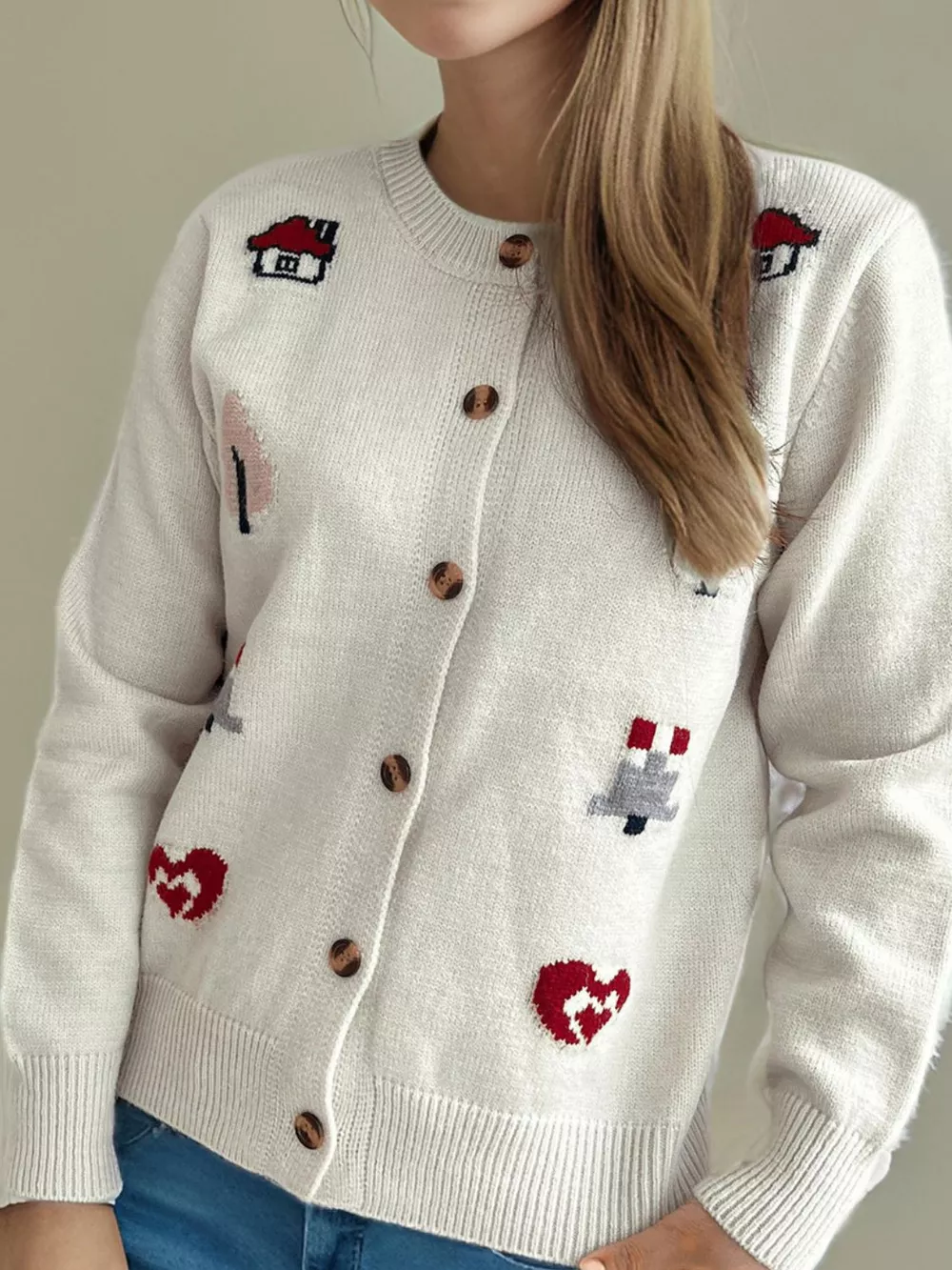 Button Up Round Neck Long Sleeve Cardigan, image 5