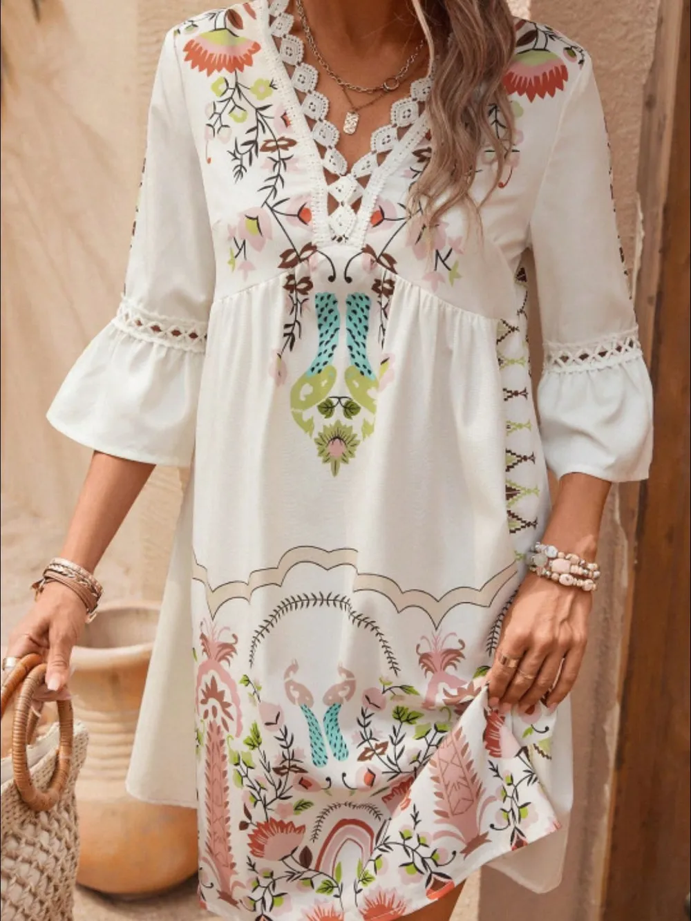 Lace Detail Printed Three-Quarter Sleeve Dress, image 14