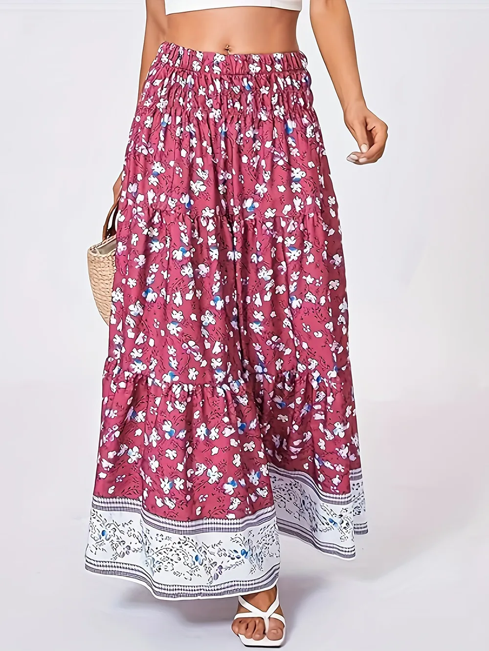 Full Size Tiered Printed Elastic Waist Skirt, image 13