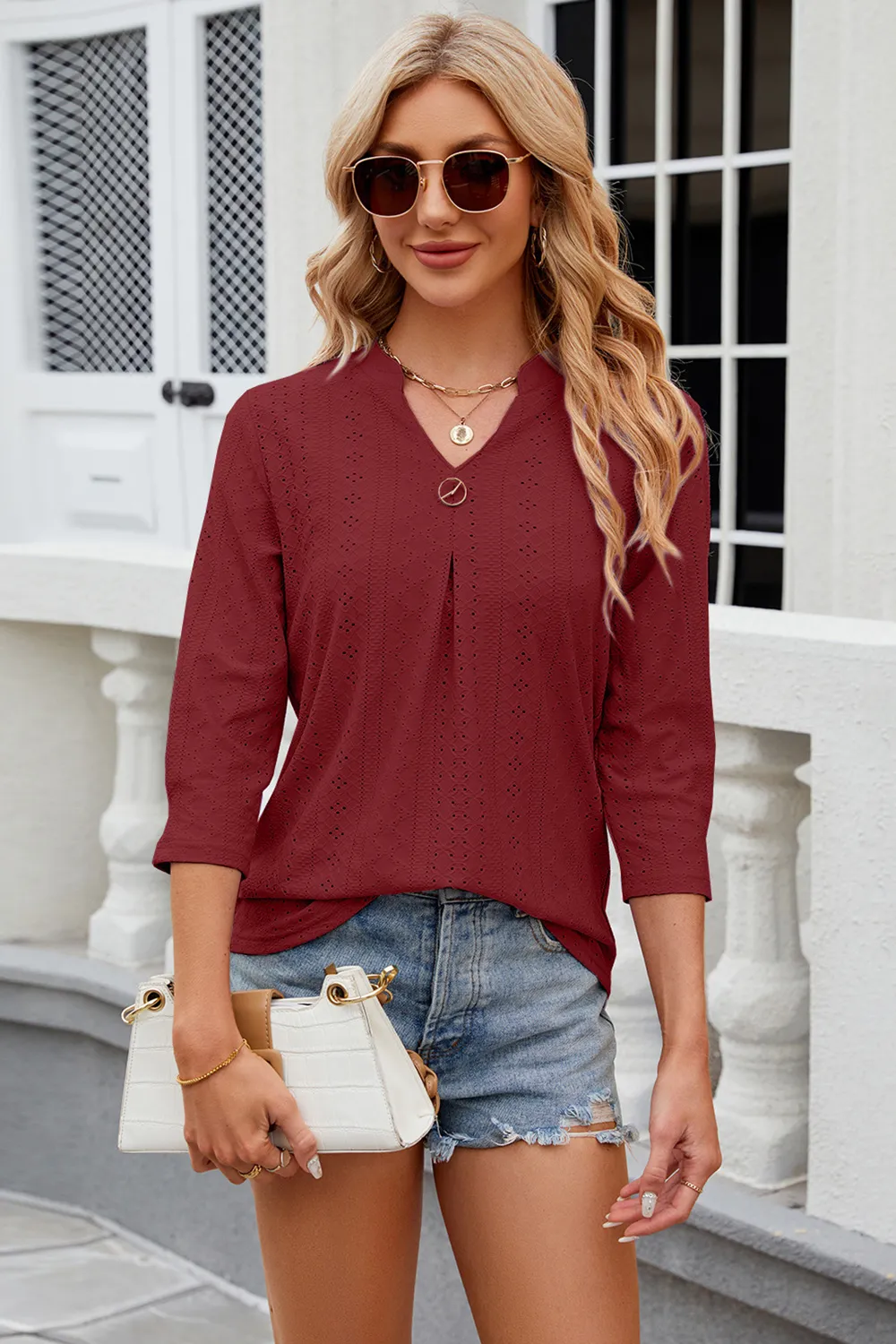 Eyelet Notched Knit Jacquard Top, image 4