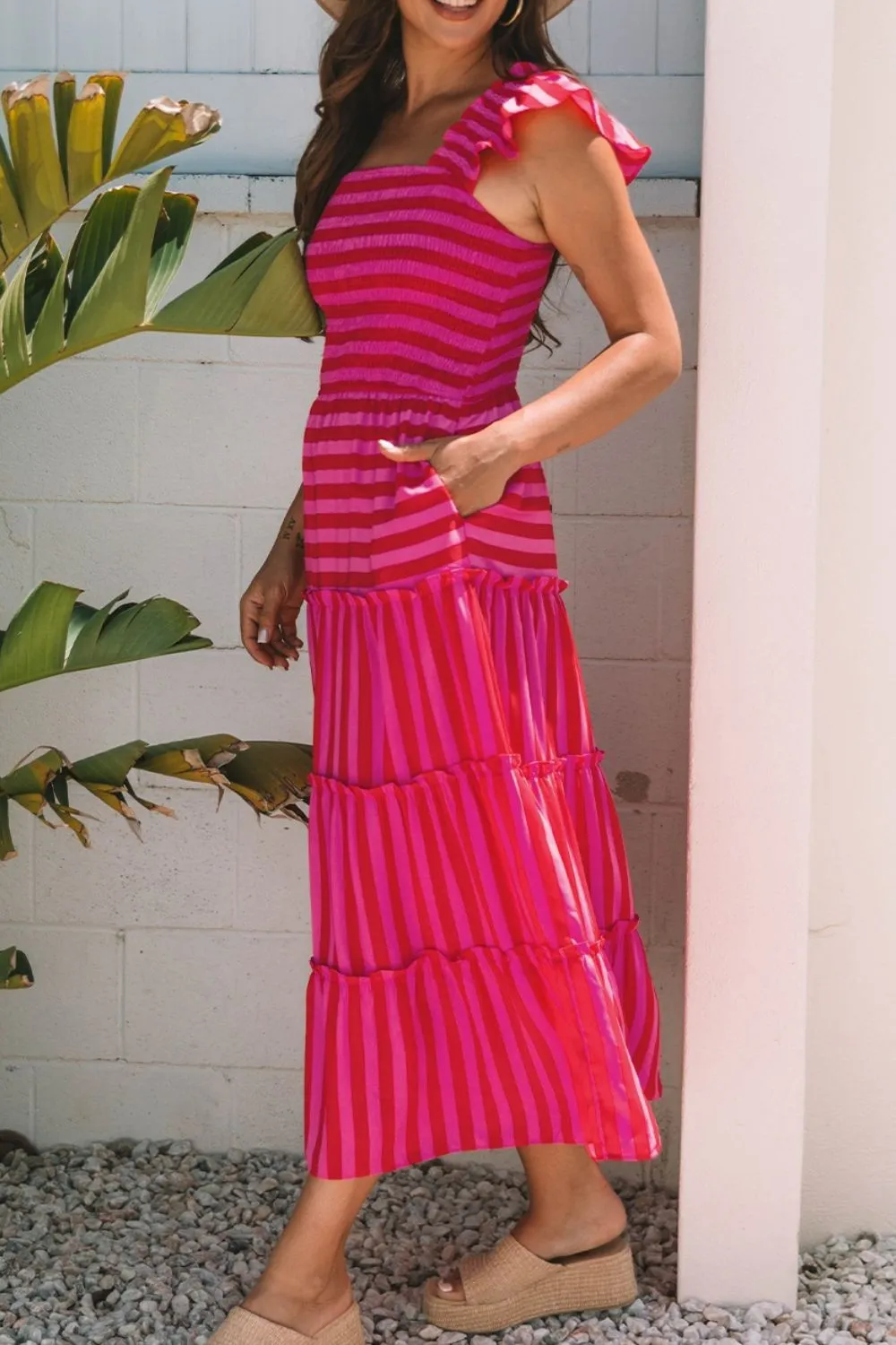 Stripe Flutter Sleeve Smocked Bodice Tiered Maxi Dress, image 14