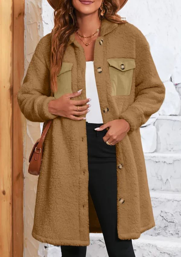 Collared Neck Long Sleeve Longline Teddy Jacket, image 25