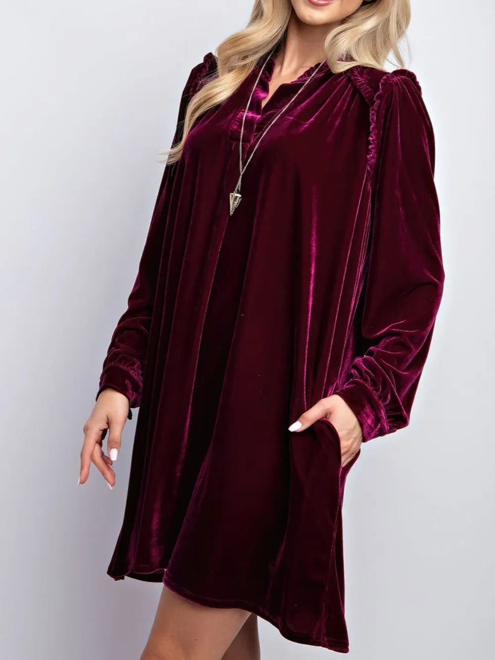 Frill Notched Long Sleeve Dress with Pockets, image 2