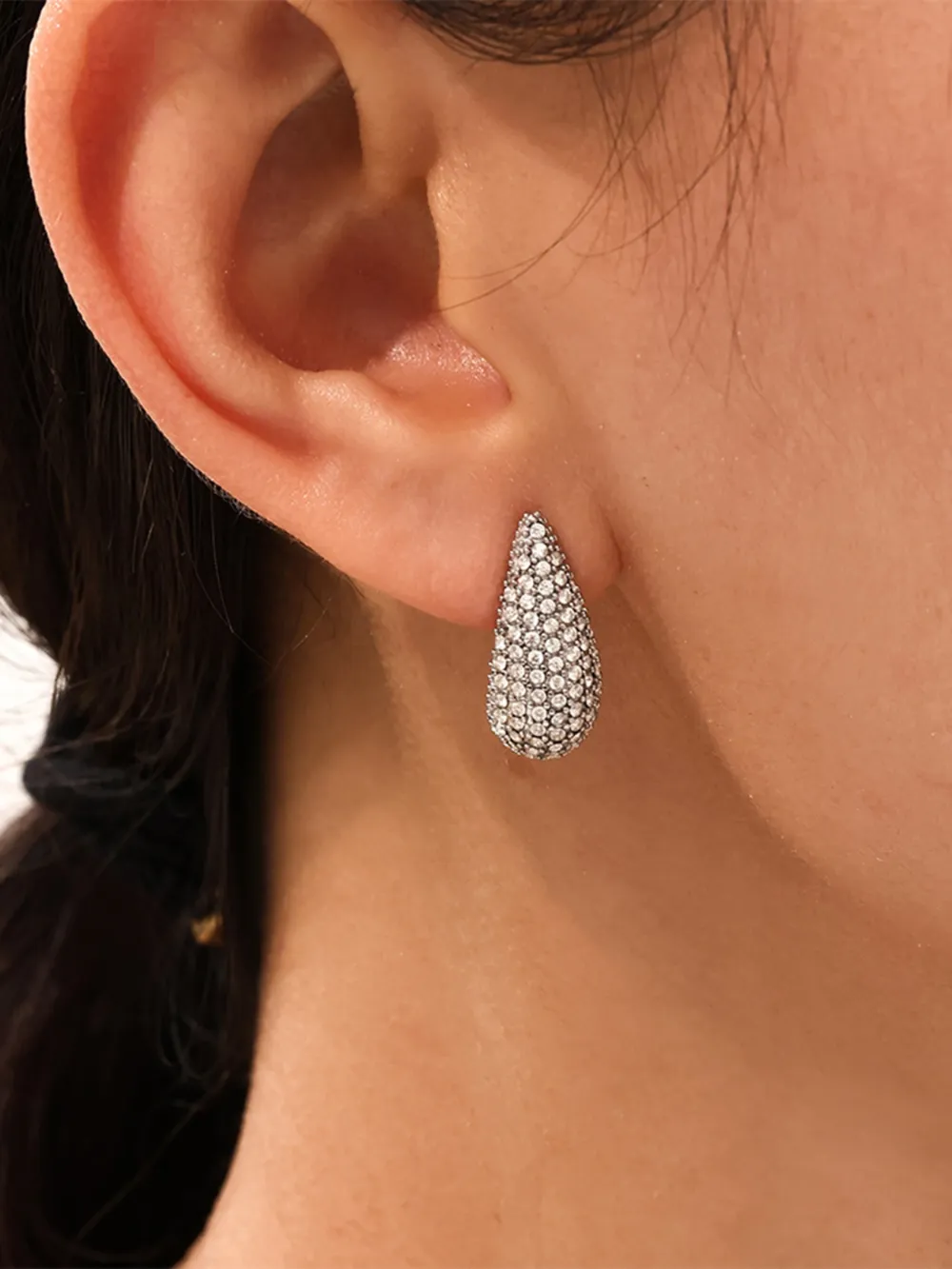 Stainless Steel Inlaid Zircon Teardrop Earrings, image 2
