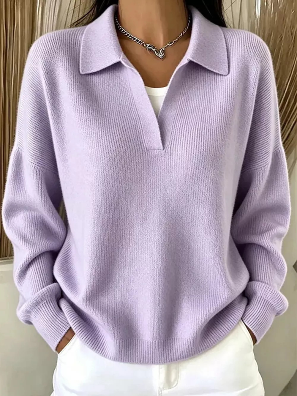 Ribbed Knit Polo Collar Sweater, image 10