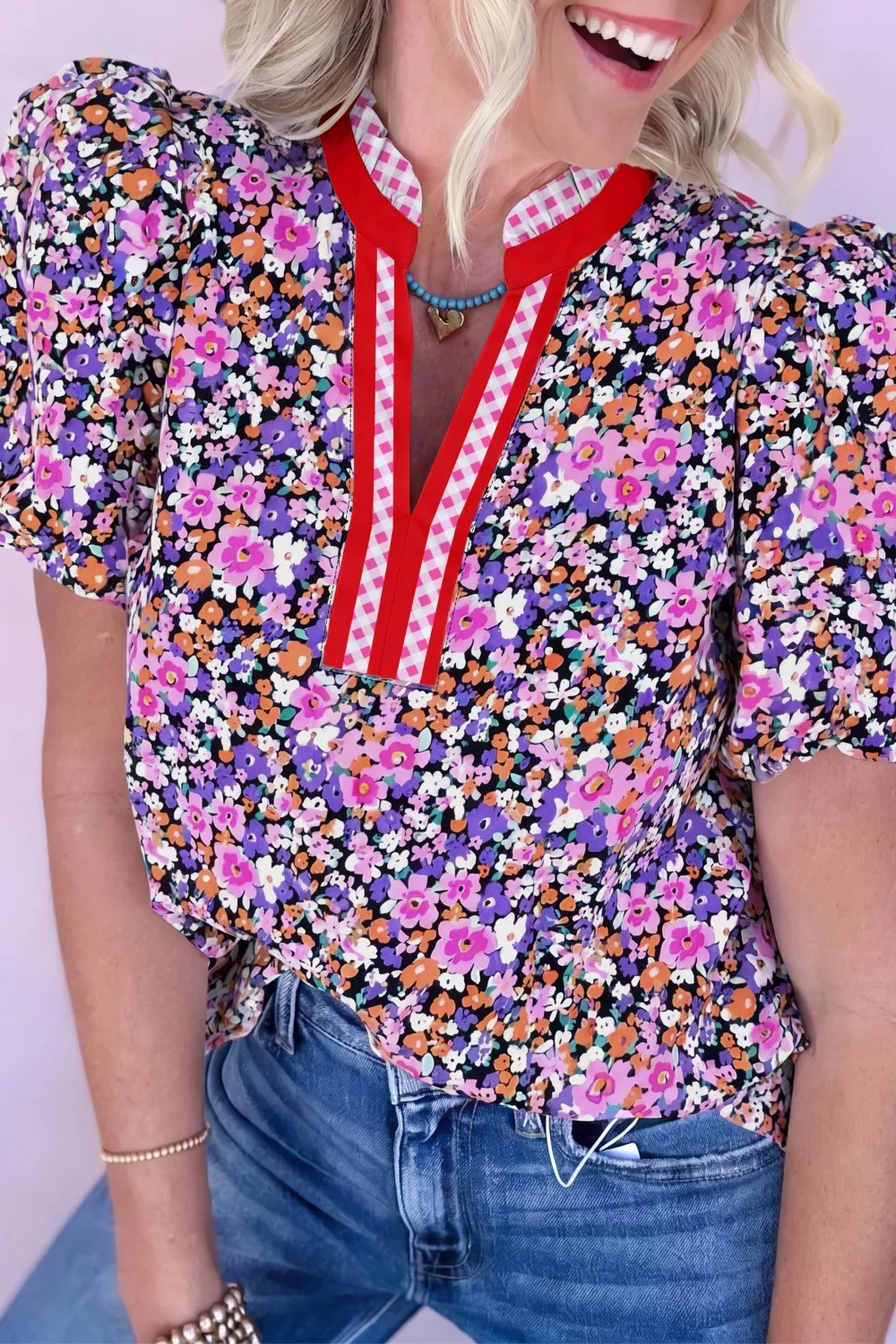 Ditsy Floral Print Plaid Colorblock Trim V Neck Blouse, image 3