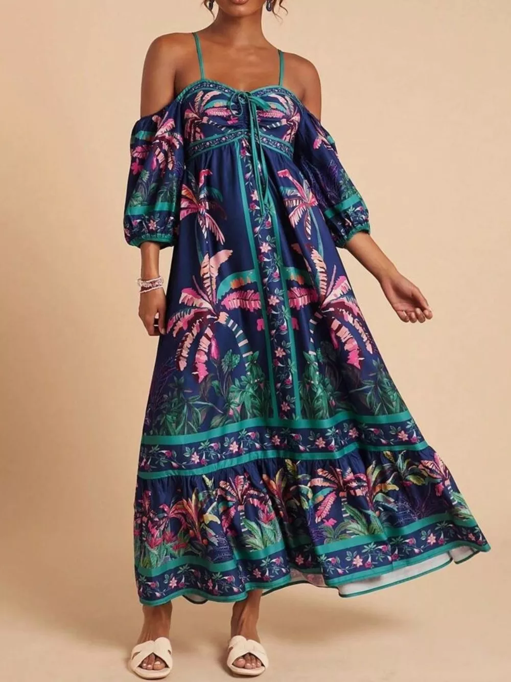 Tropical Print Spaghetti Strap Maxi Dress, image 3
