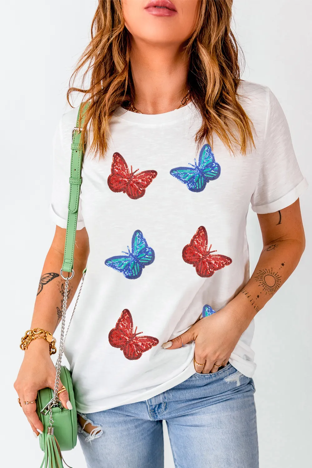 Sequin Butterfly Round Neck Short Sleeve T-Shirt, image 4