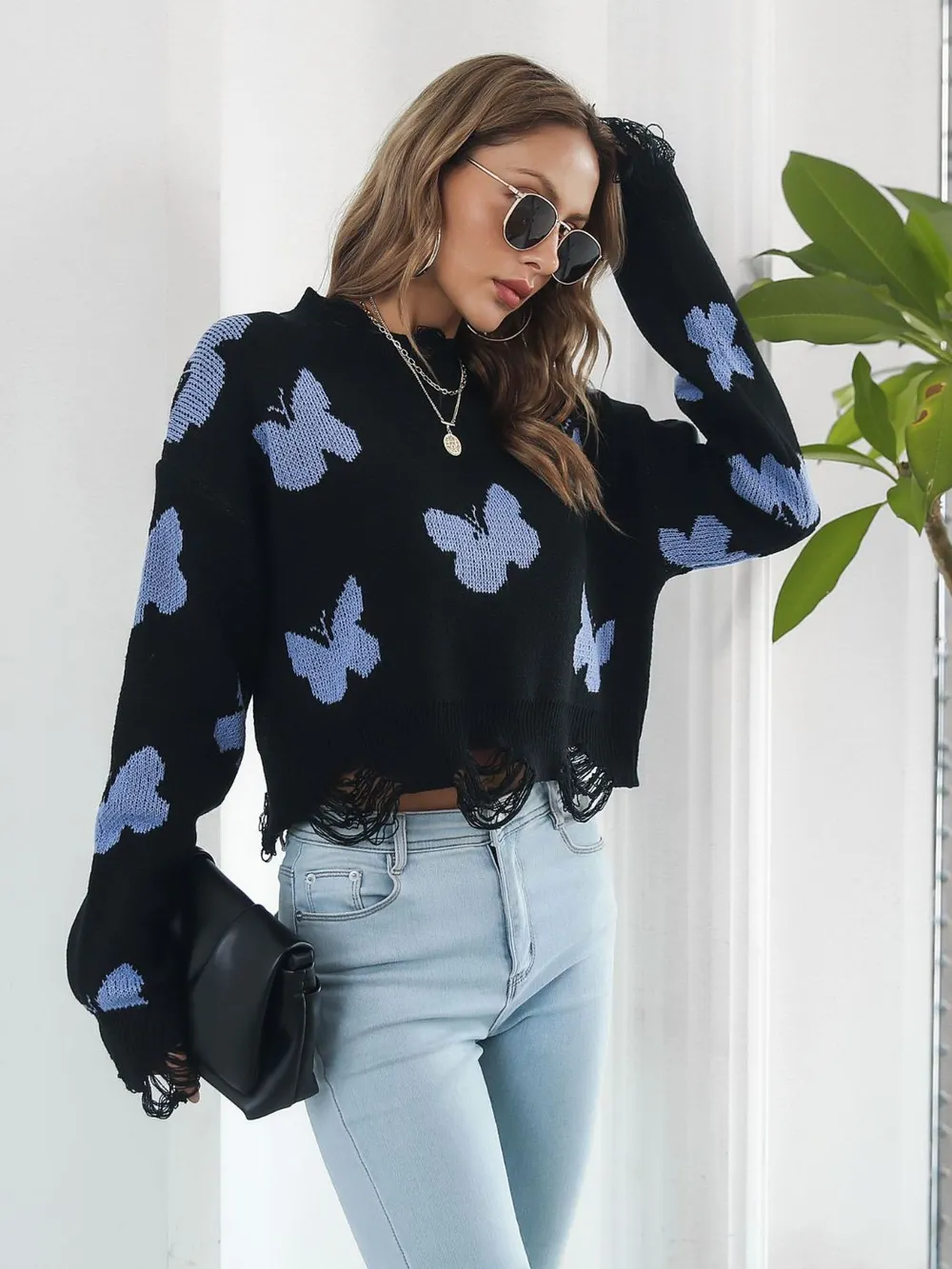Distressed Butterfly Cropped Sweater, image 12