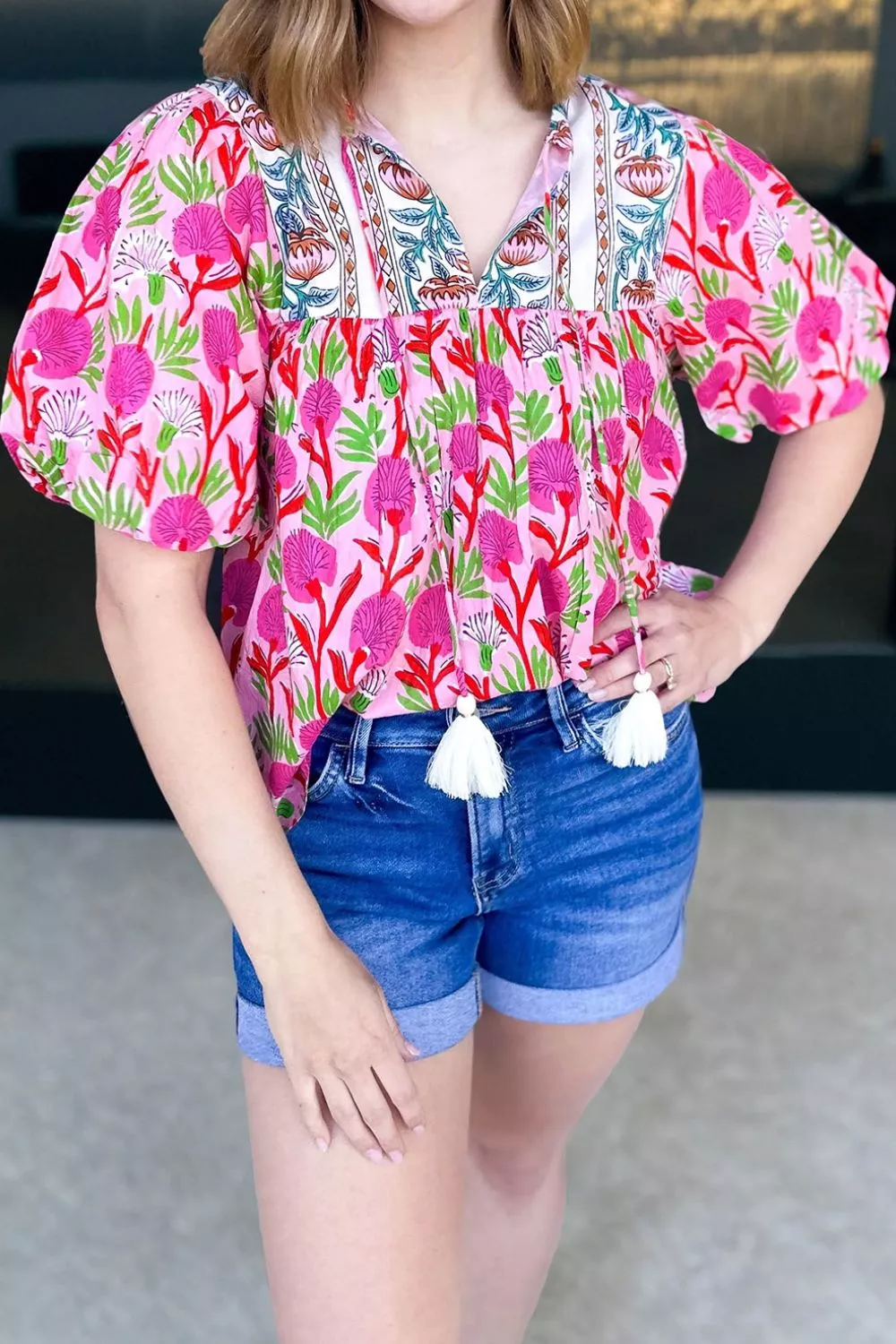 Floral Print Short Sleeve Contrast Patchwork Tassel Tie Blouse, image 6