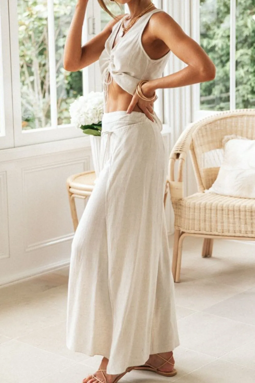 Drawstring V-Neck Tank and Pants Set, image 9