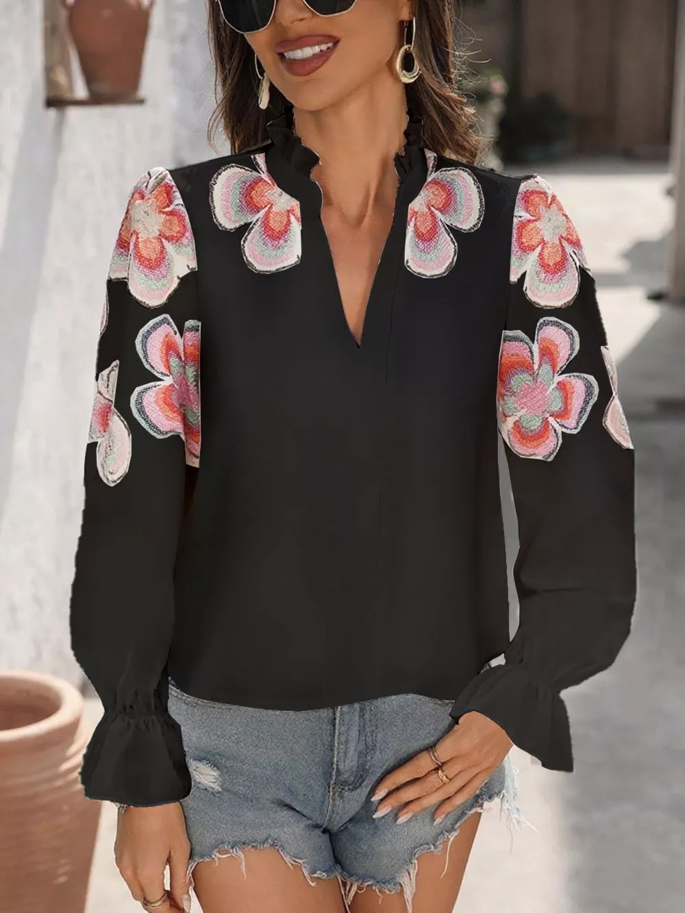 Floral Embroidered Notched Long Sleeve Blouse, image 12
