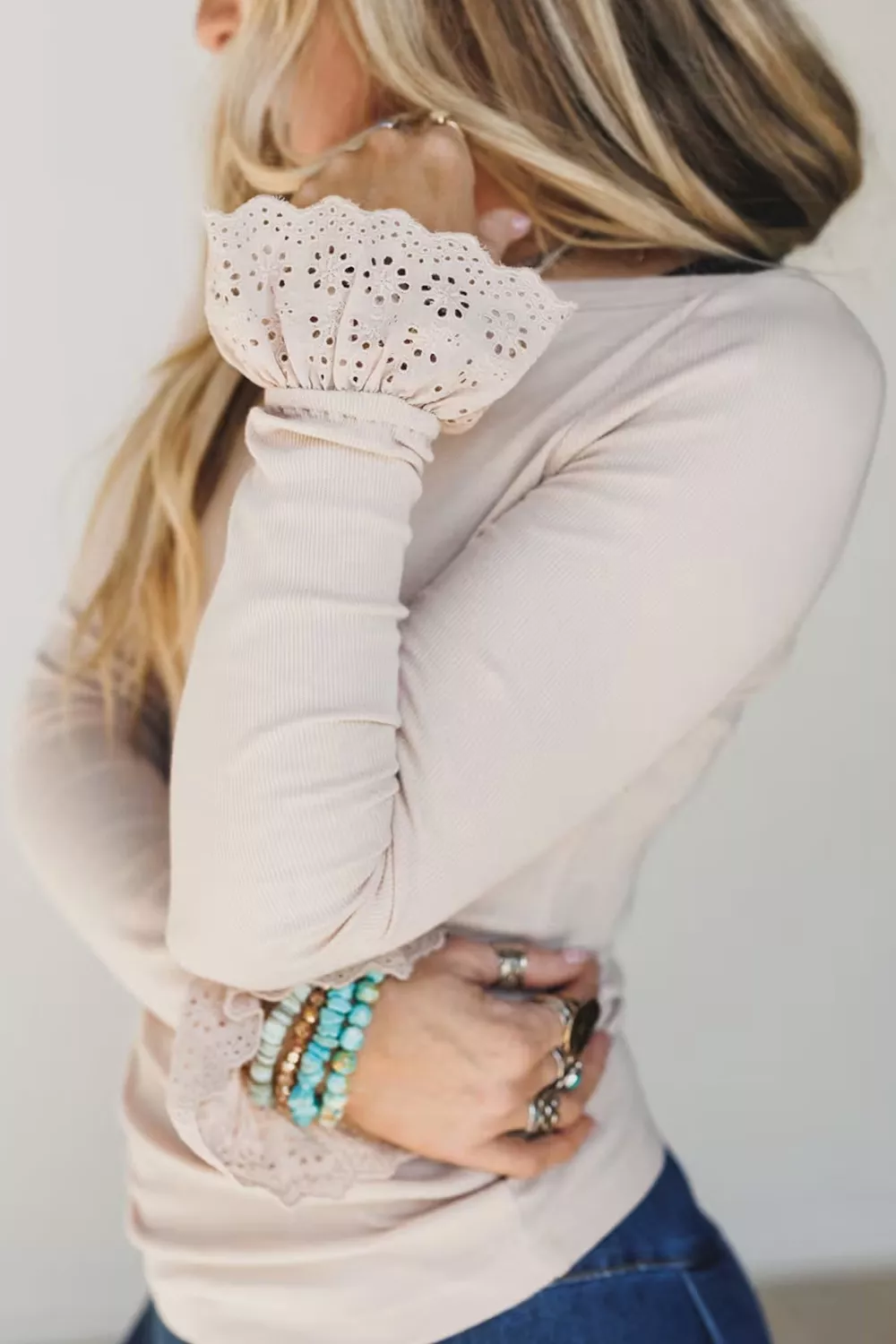 Lace Cuff Patchwork Round Neck Long Sleeve Top, image 3