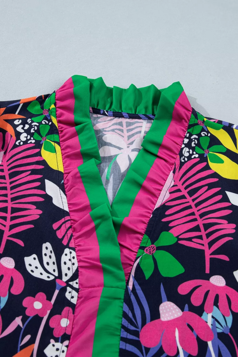 Floral Print Frilled Contrast Striped Trim V Neck Short Sleeve Blouse, image 5