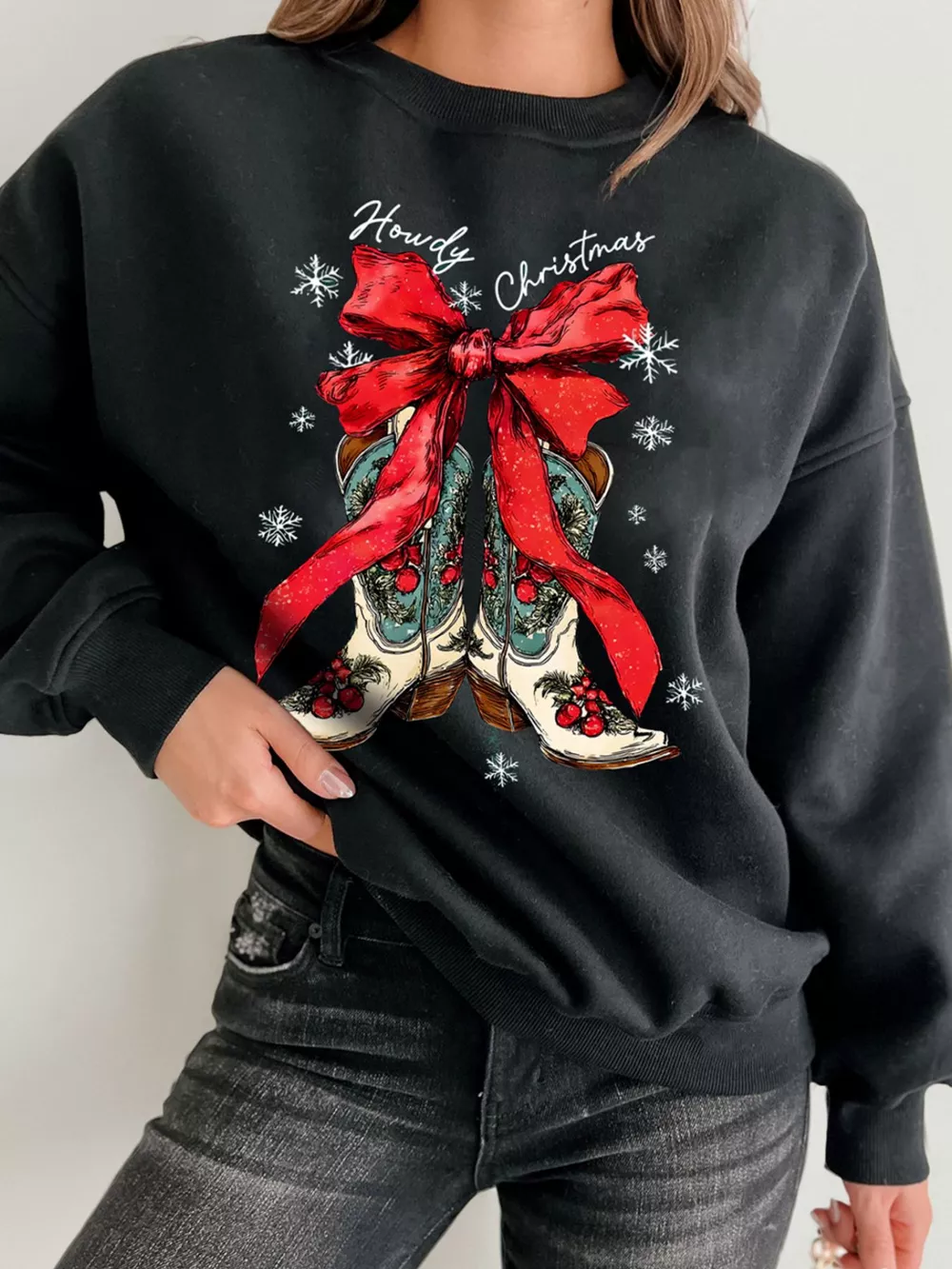 Howdy Christmas Ribbon Bow Knot Western Boots Graphic Sweatshirt, image 2