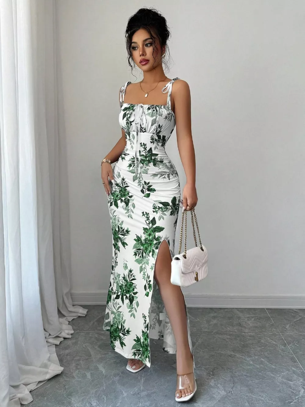 Printed Tie Strap Slit Maxi Dress, image 22