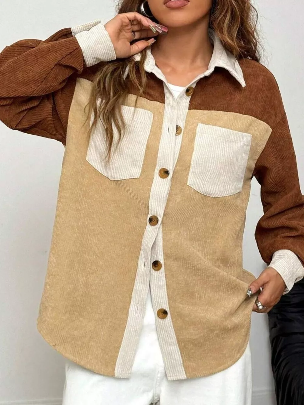 Color Block Corduroy Button-Up Jacket, image 3