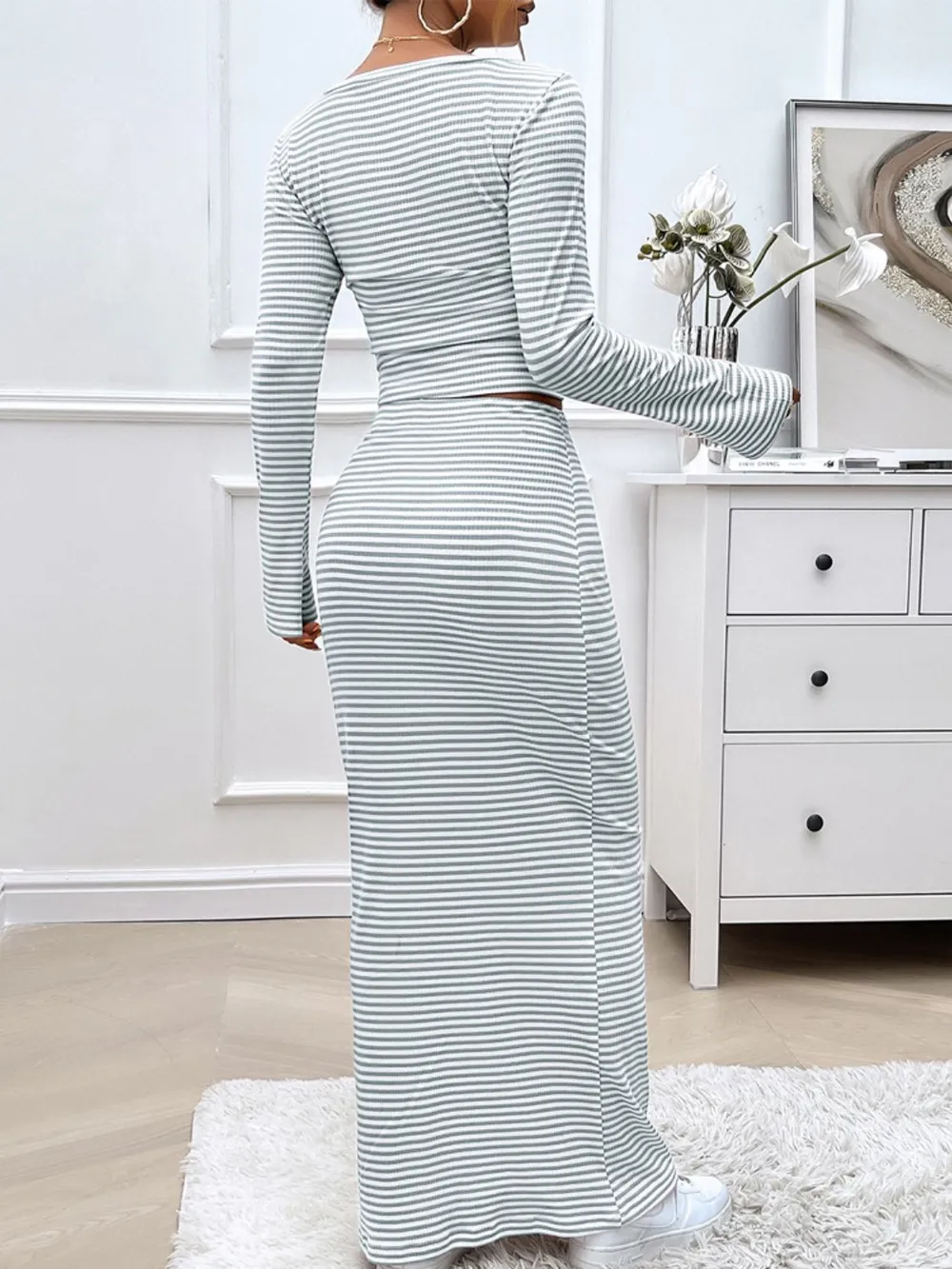 Striped Boat Neck Top and Skirt Set, image 15