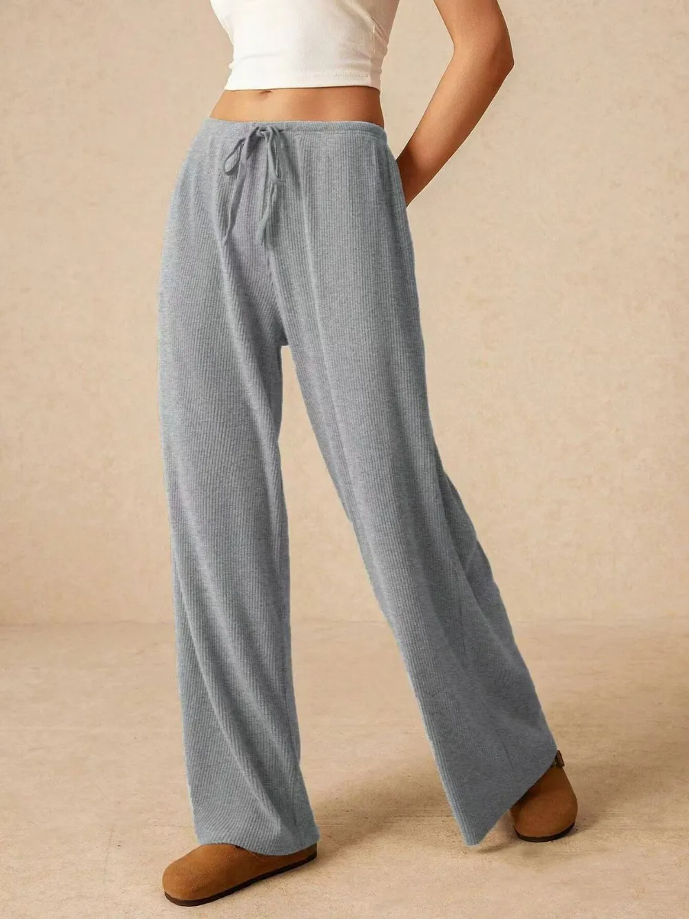 Ribbed Drawstring Wide Leg Pants, image 7