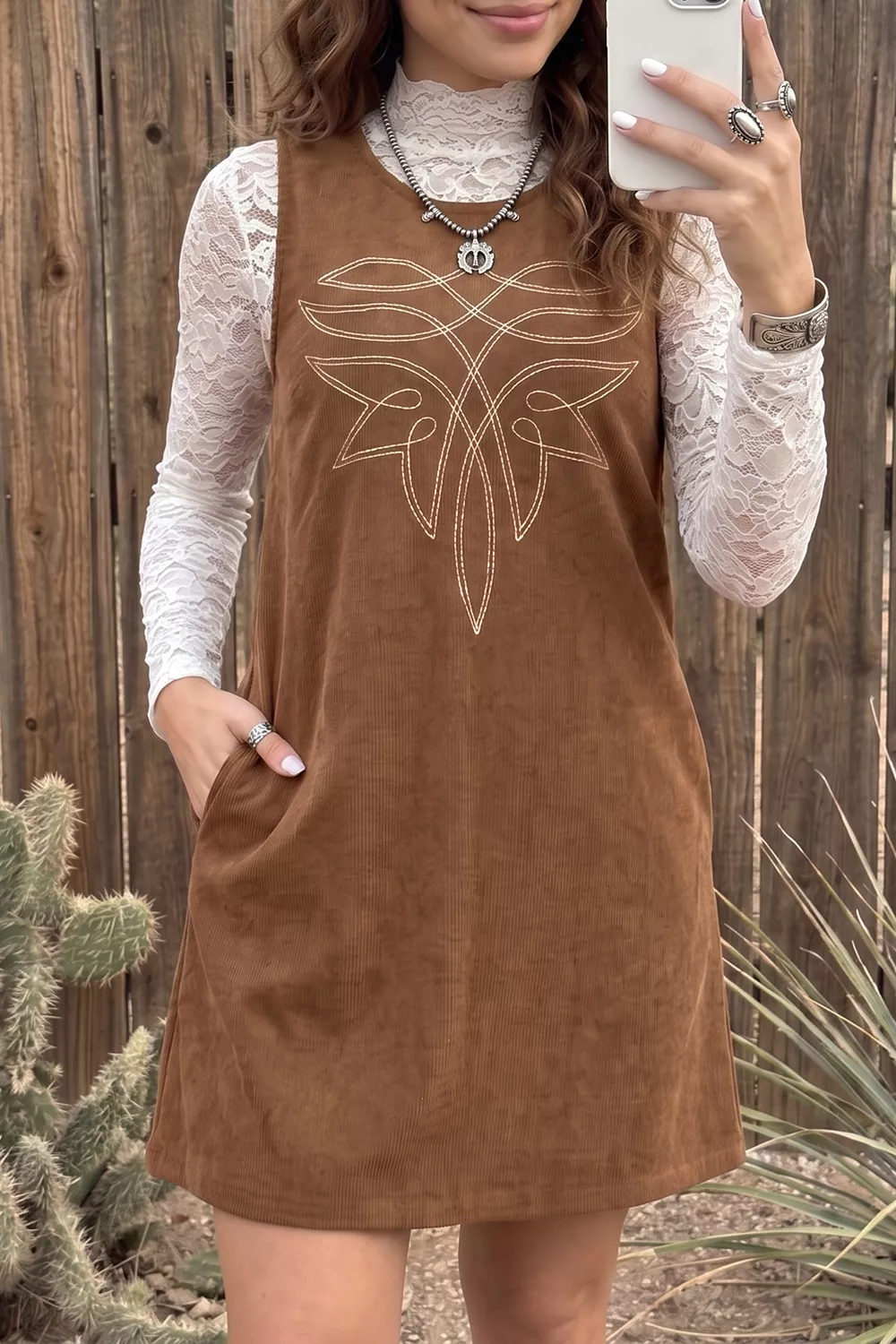 Geometric Embroidery Sleeveless Corduroy Shift Dress, image 3