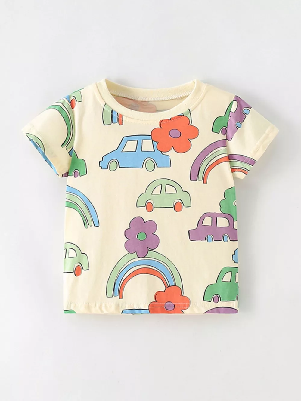 Children's Cartoon Car & Rainbow Print Short Sleeve T-Shirt